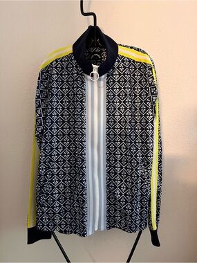 NWT The Upside Navy and White Geometric Jacket with Neon Yellow Accents